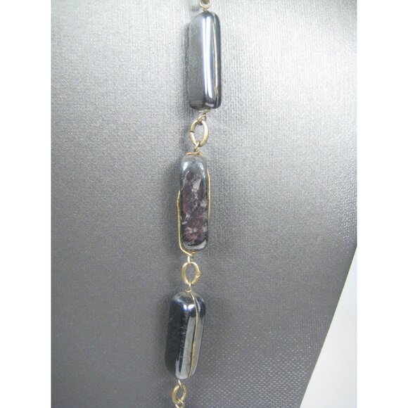 Hematite Stone Necklace Barrel Shaped Beads Metal Links 38 inch Strand - Picture 7 of 11